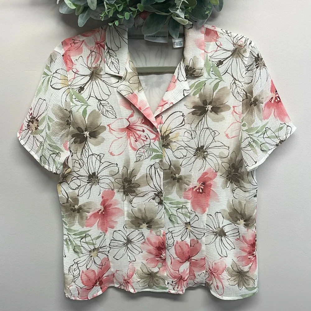 Alfred Dunner Floral Short Sleeve Button Down Blouse 12